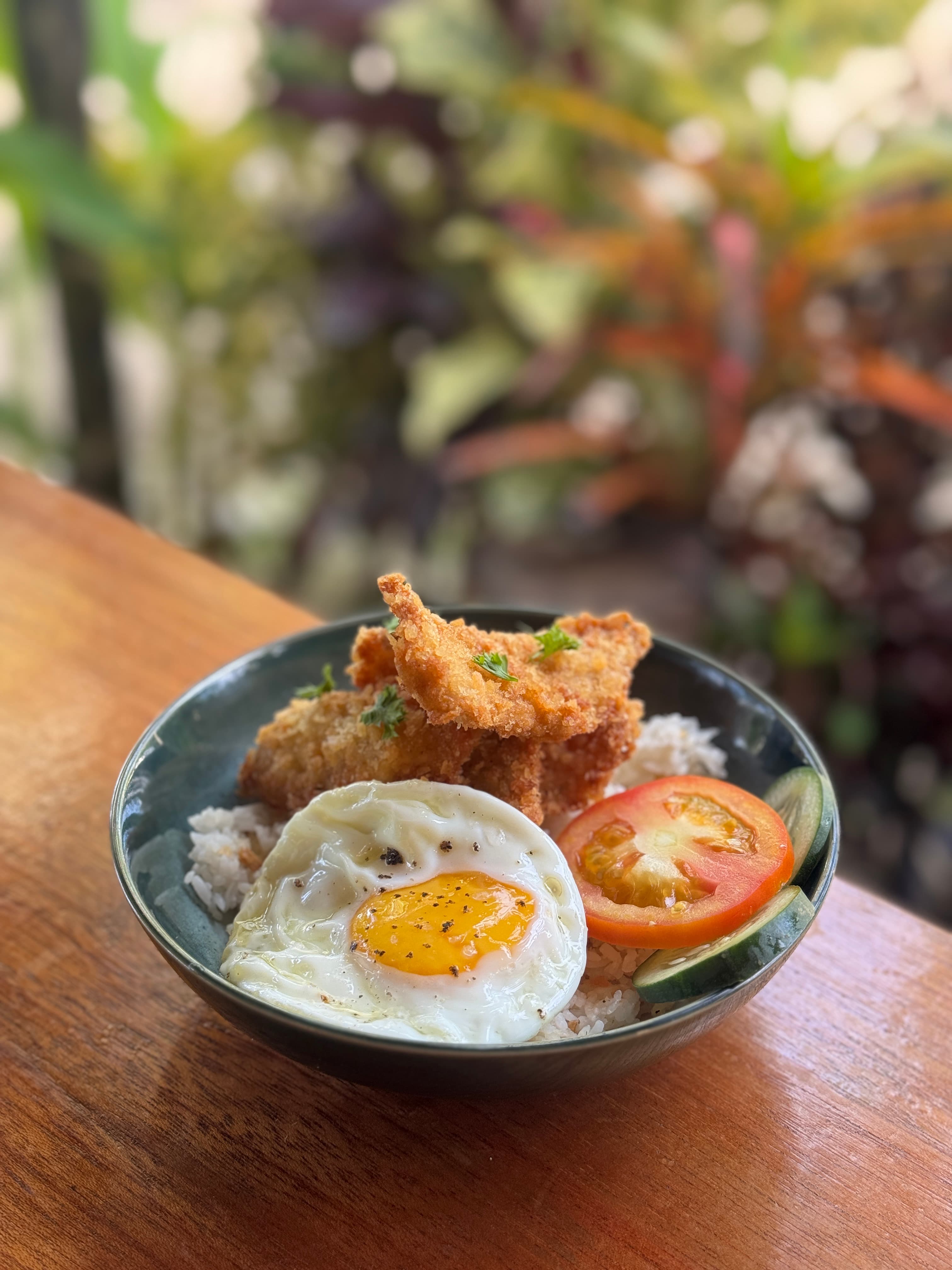 Rice bowl with crispy porkchop and egg