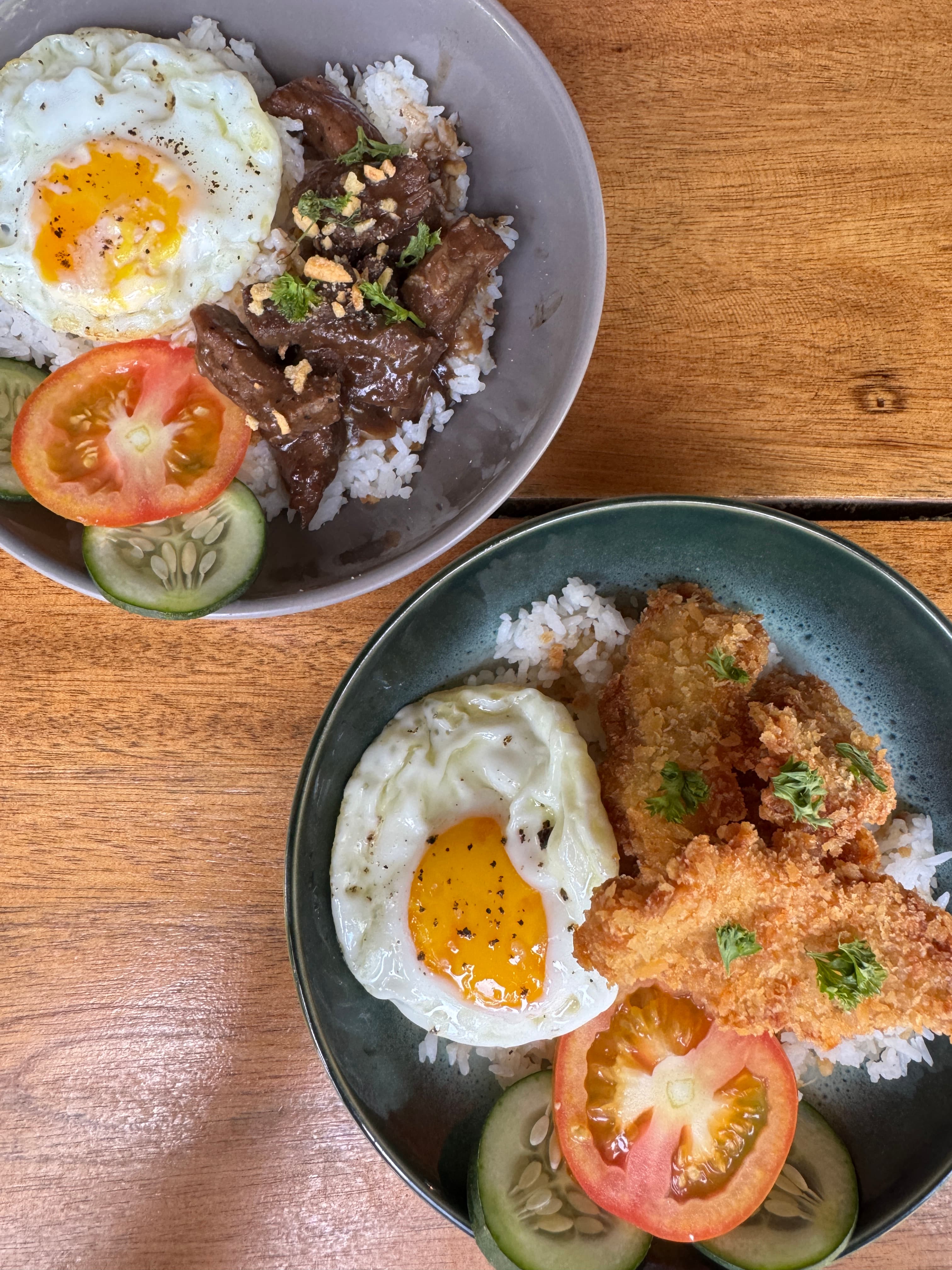 Adobo and porkchop rice bowls